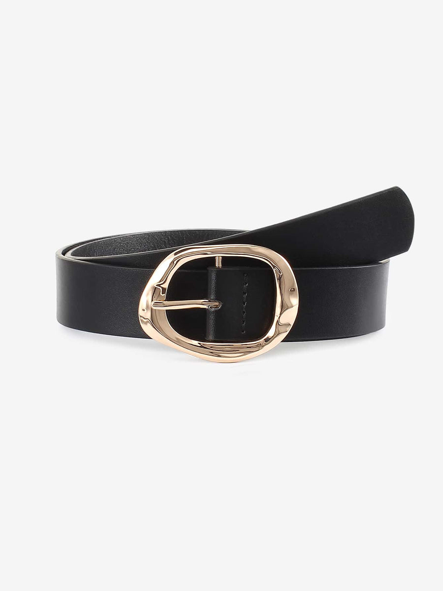 Black Leather Belt with Sculpted Gold Buckle