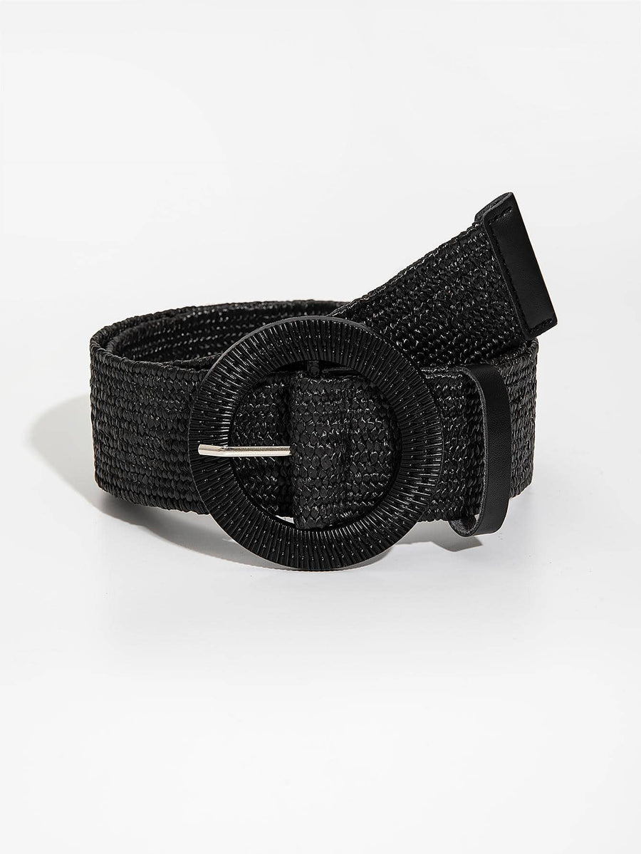 Textured Circle Buckle Belt – Black