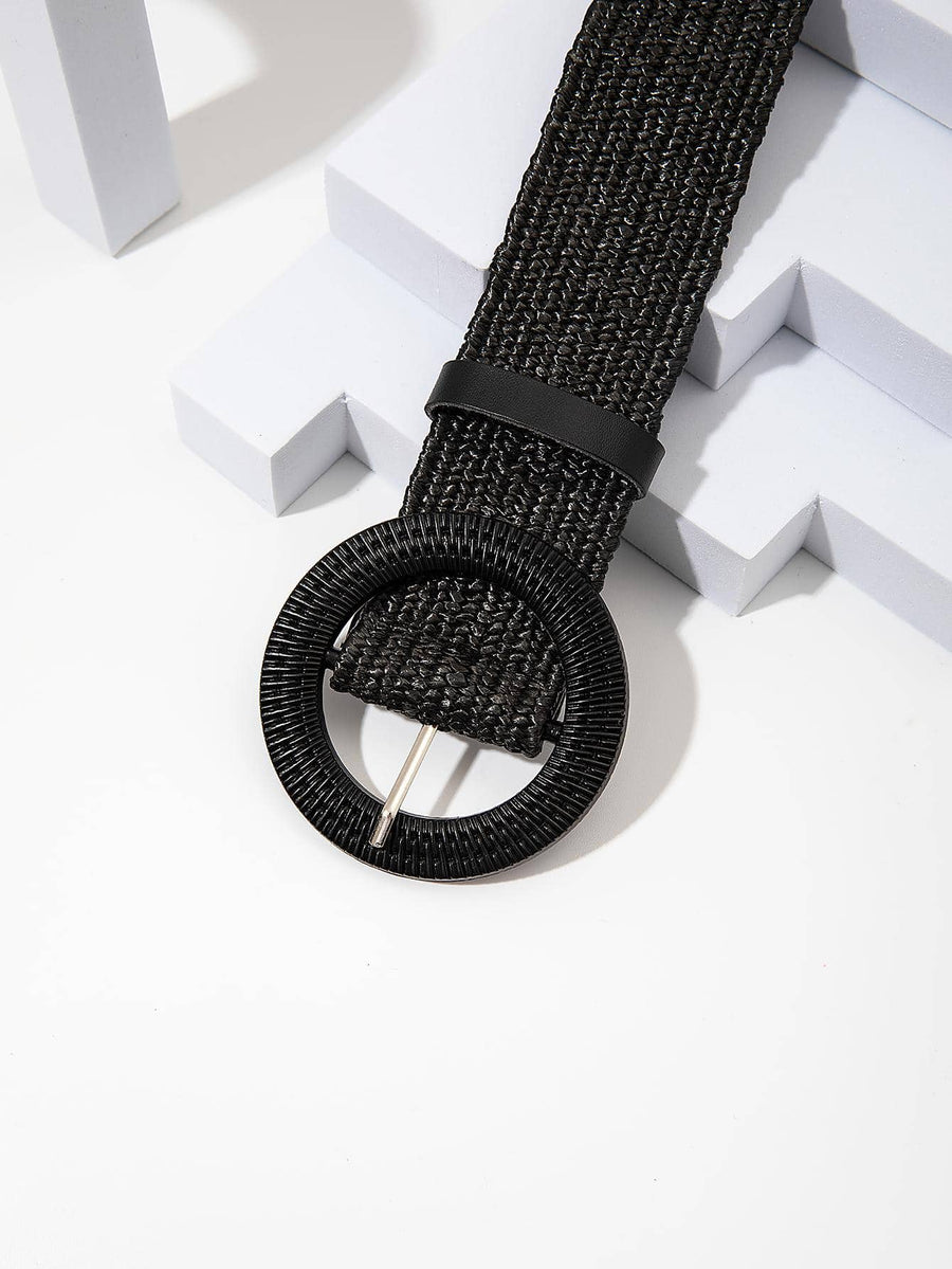 Textured Circle Buckle Belt – Black