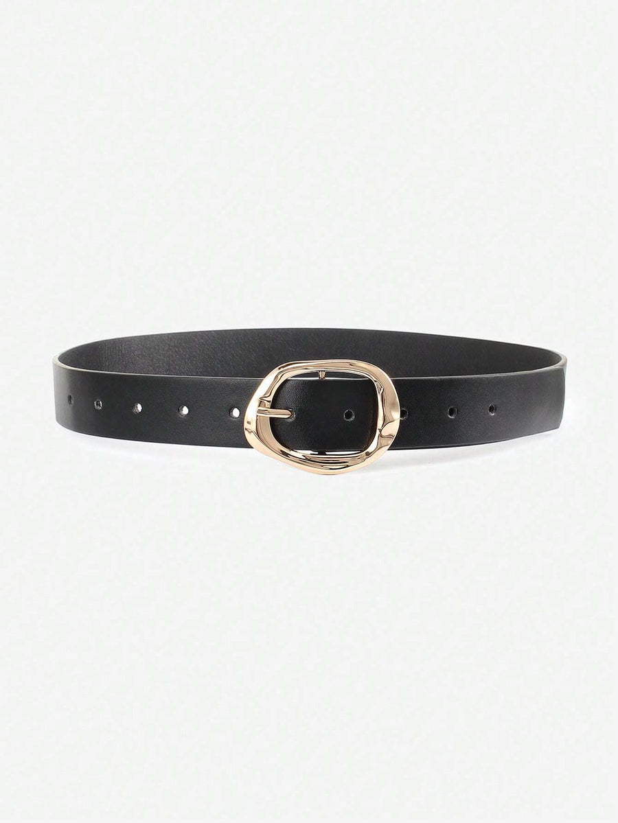 Black Leather Belt with Sculpted Gold Buckle