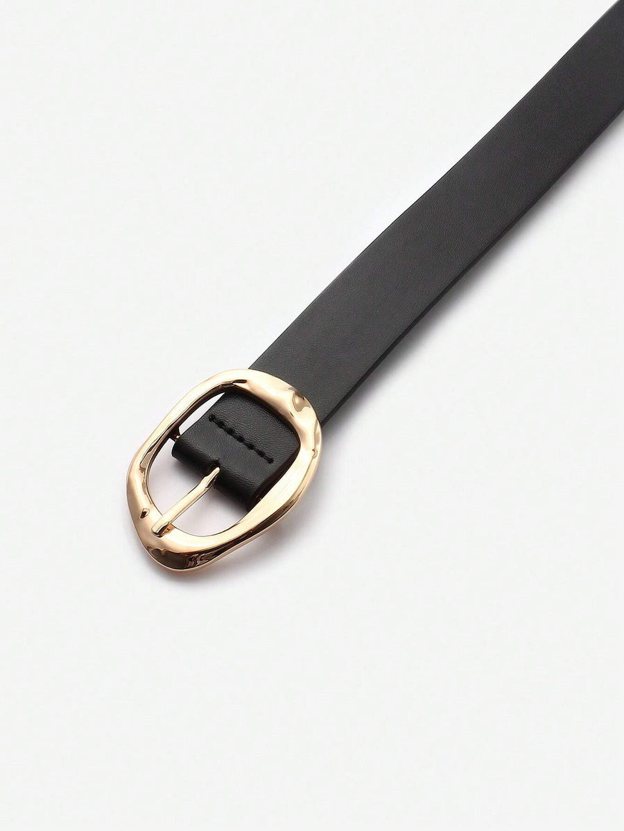 Black Leather Belt with Sculpted Gold Buckle