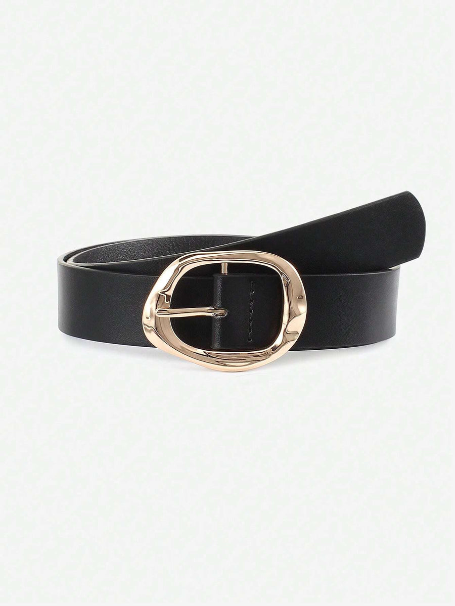 Black Leather Belt with Sculpted Gold Buckle