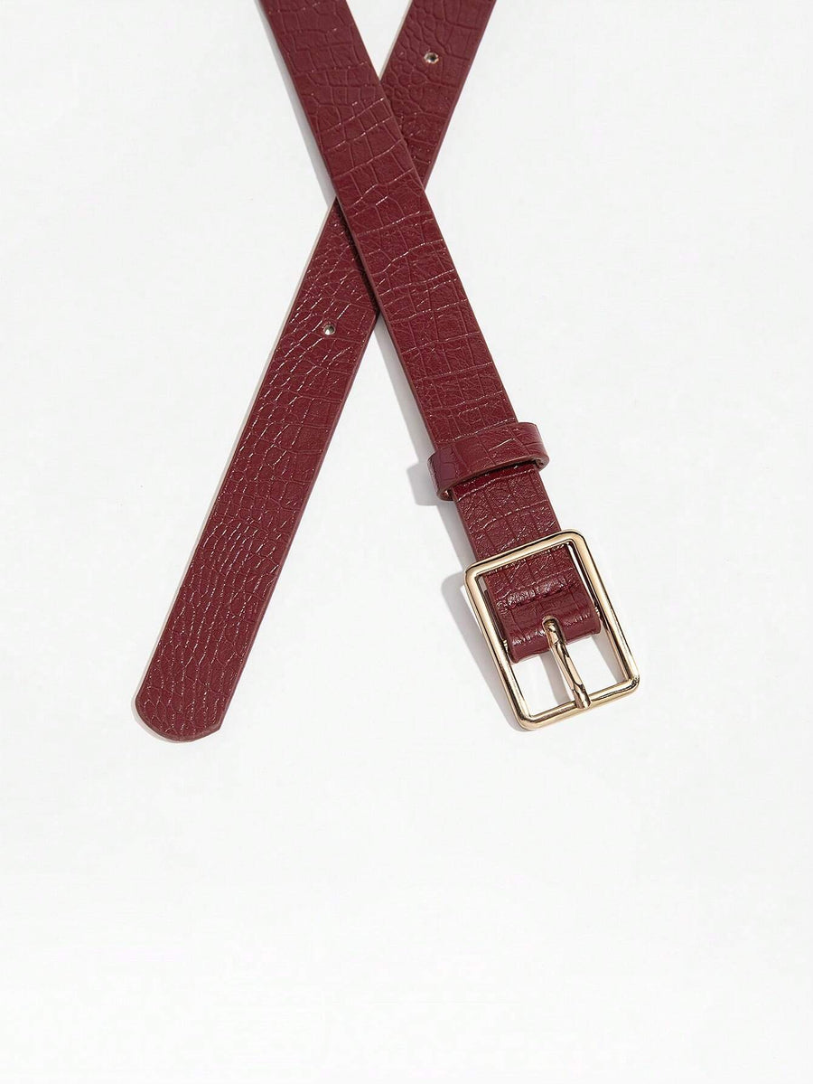 Wine Croc-Embossed Leather Belt – Gold Square Buckle