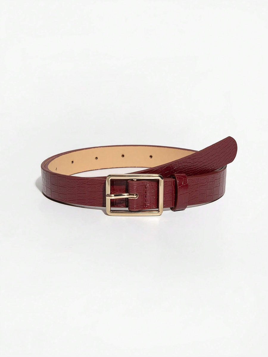 Wine Croc-Embossed Leather Belt – Gold Square Buckle
