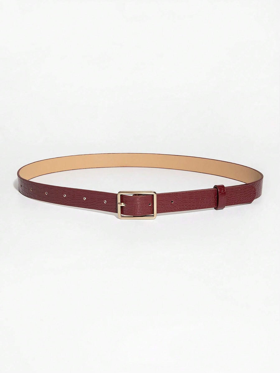 Wine Croc-Embossed Leather Belt – Gold Square Buckle
