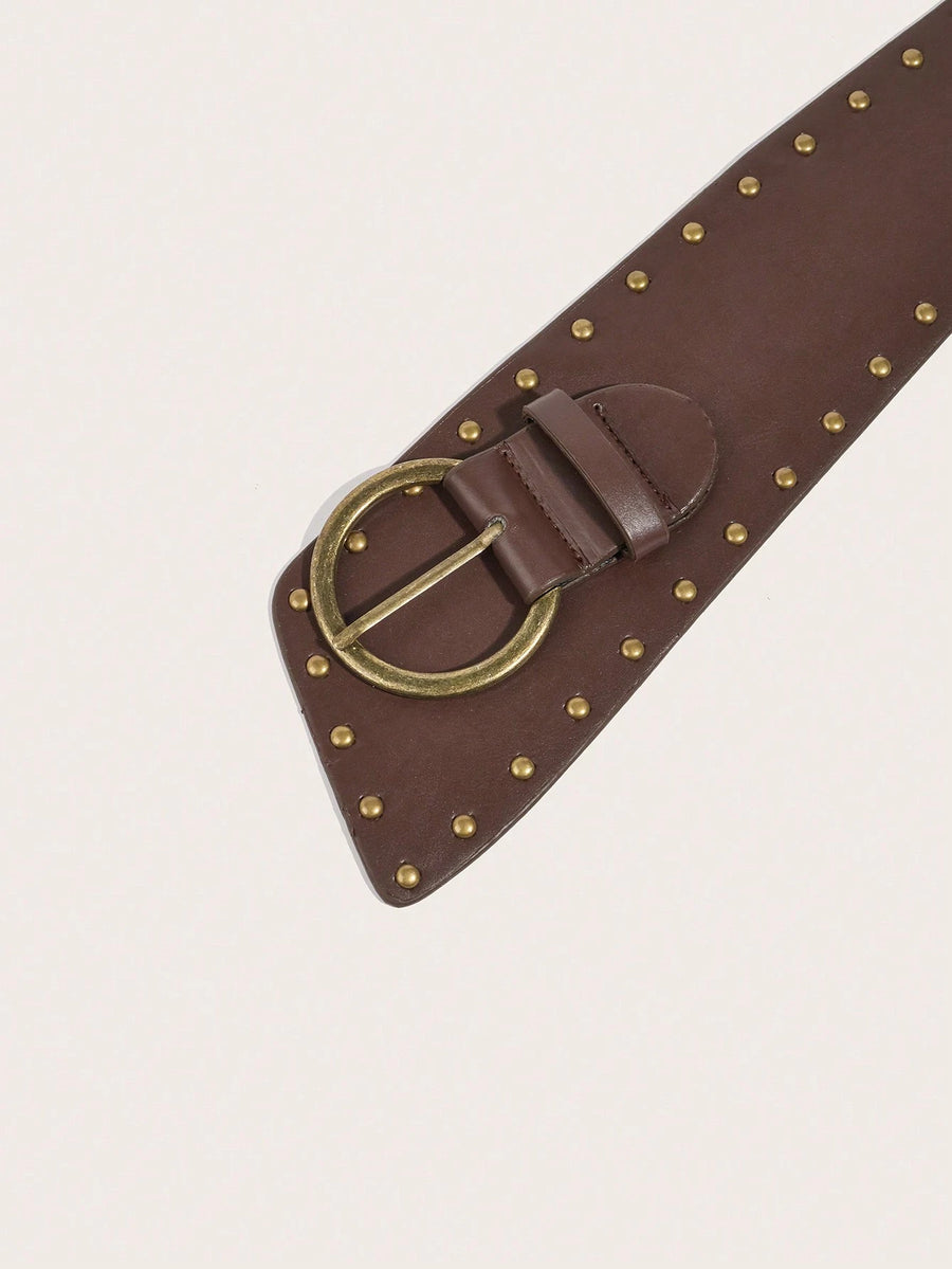 Brown Studded Leather Belt with Antique Buckle