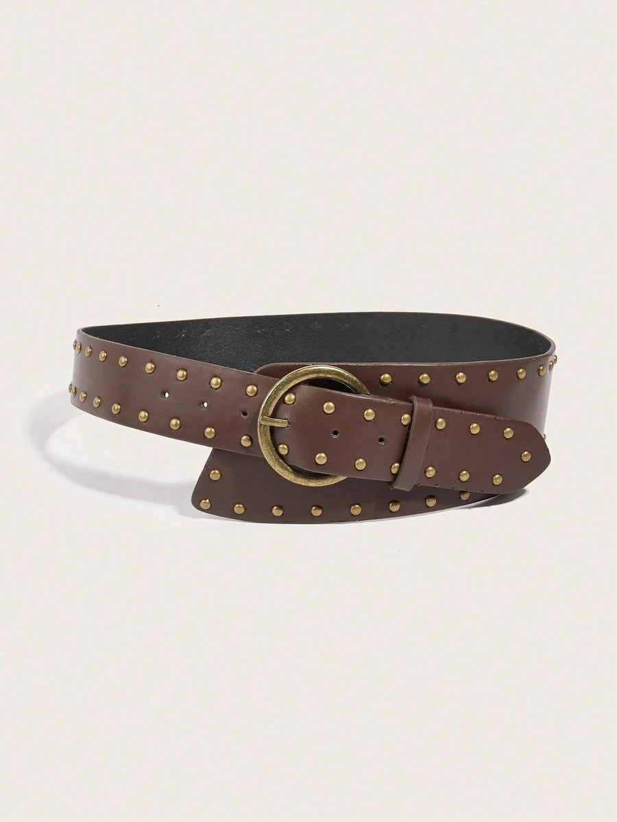 Brown Studded Leather Belt with Antique Buckle