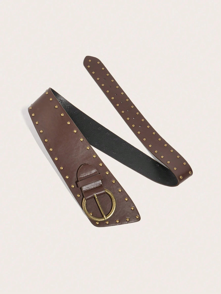 Brown Studded Leather Belt with Antique Buckle