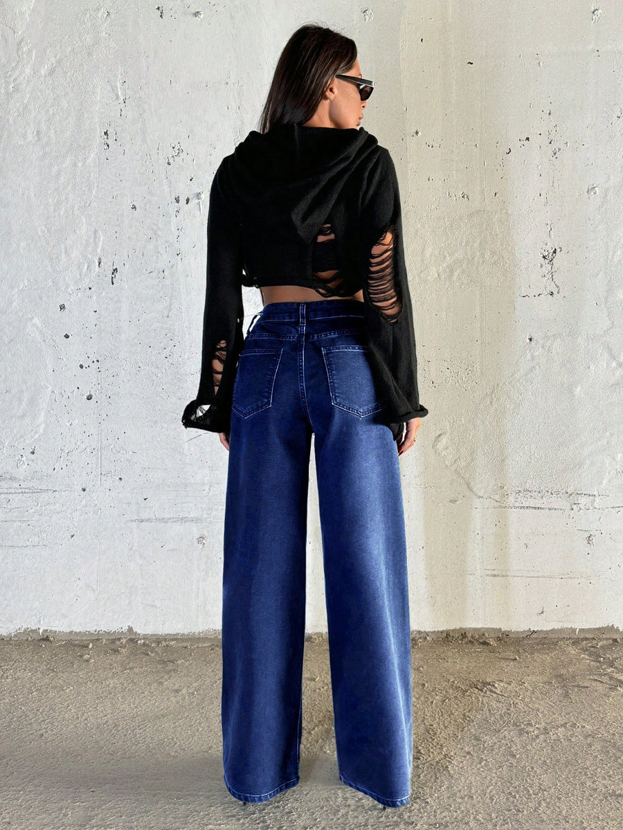Dark Wash Wide-Leg Jeans with Stud Detail
