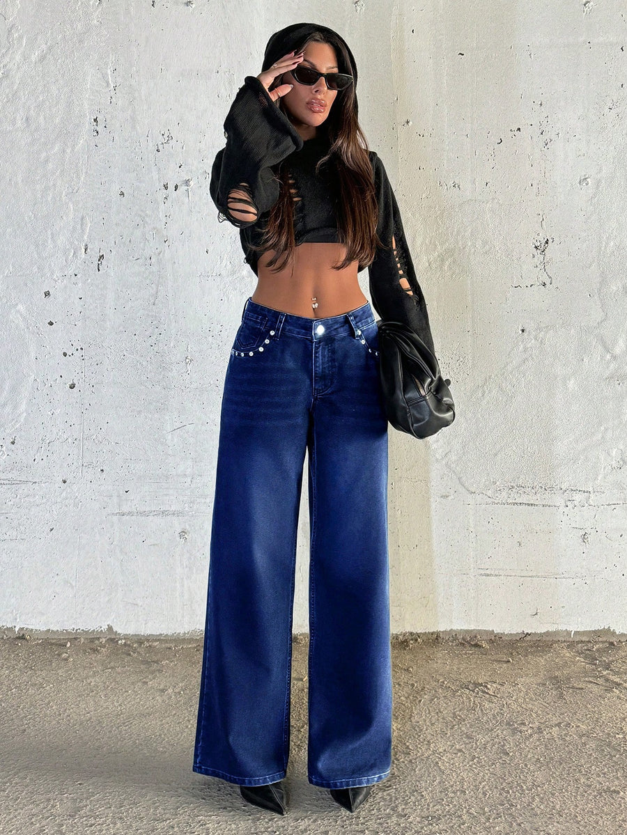 Dark Wash Wide-Leg Jeans with Stud Detail