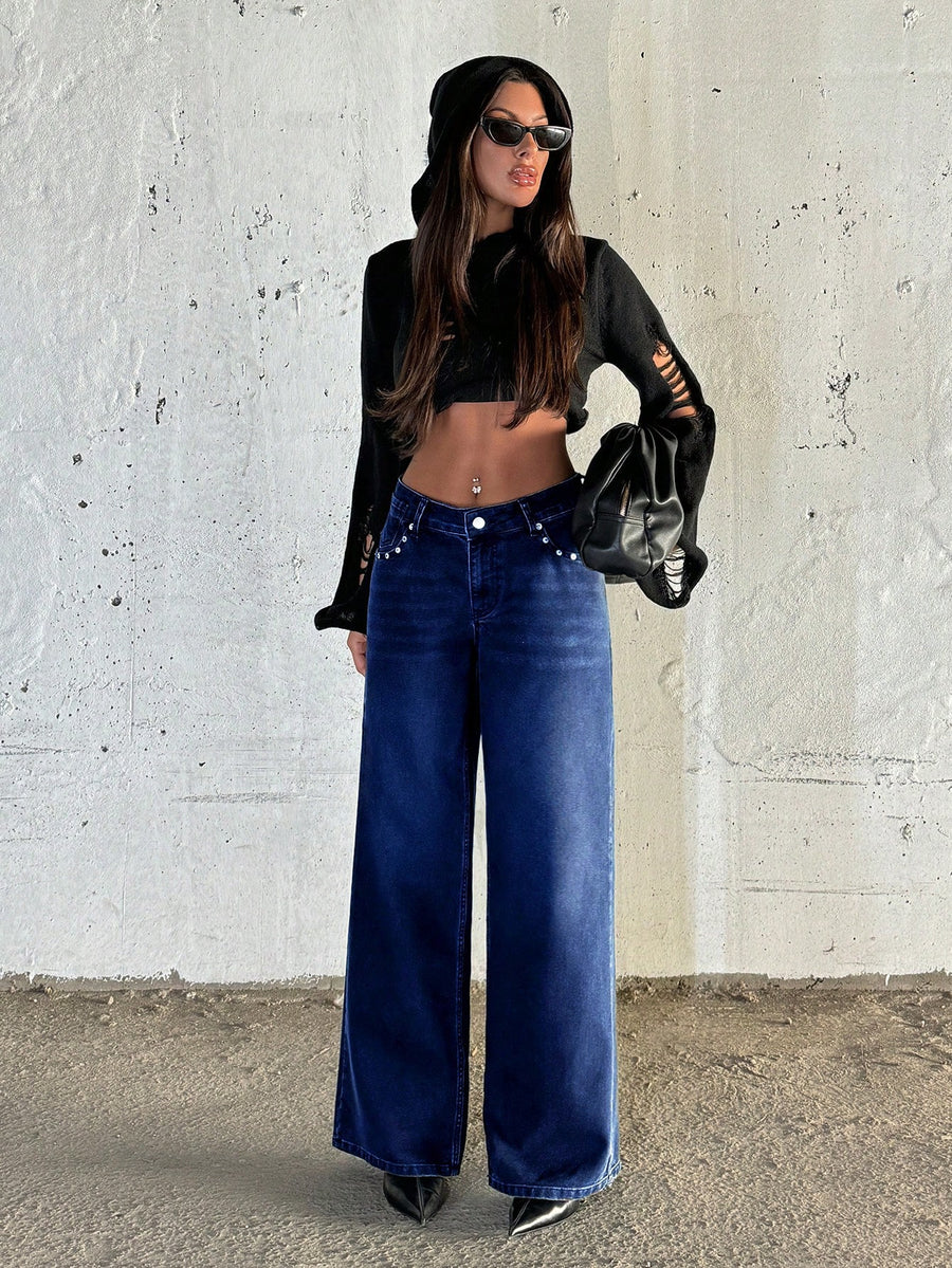 Dark Wash Wide-Leg Jeans with Stud Detail