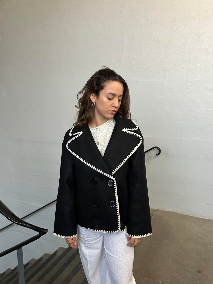 Black Contrast-Trim Peacoat