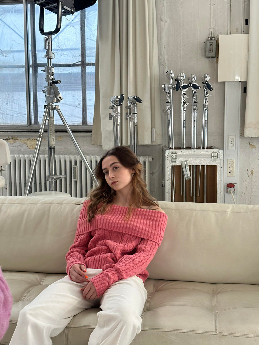 Off-Shoulder Cable Knit Sweater - Pink