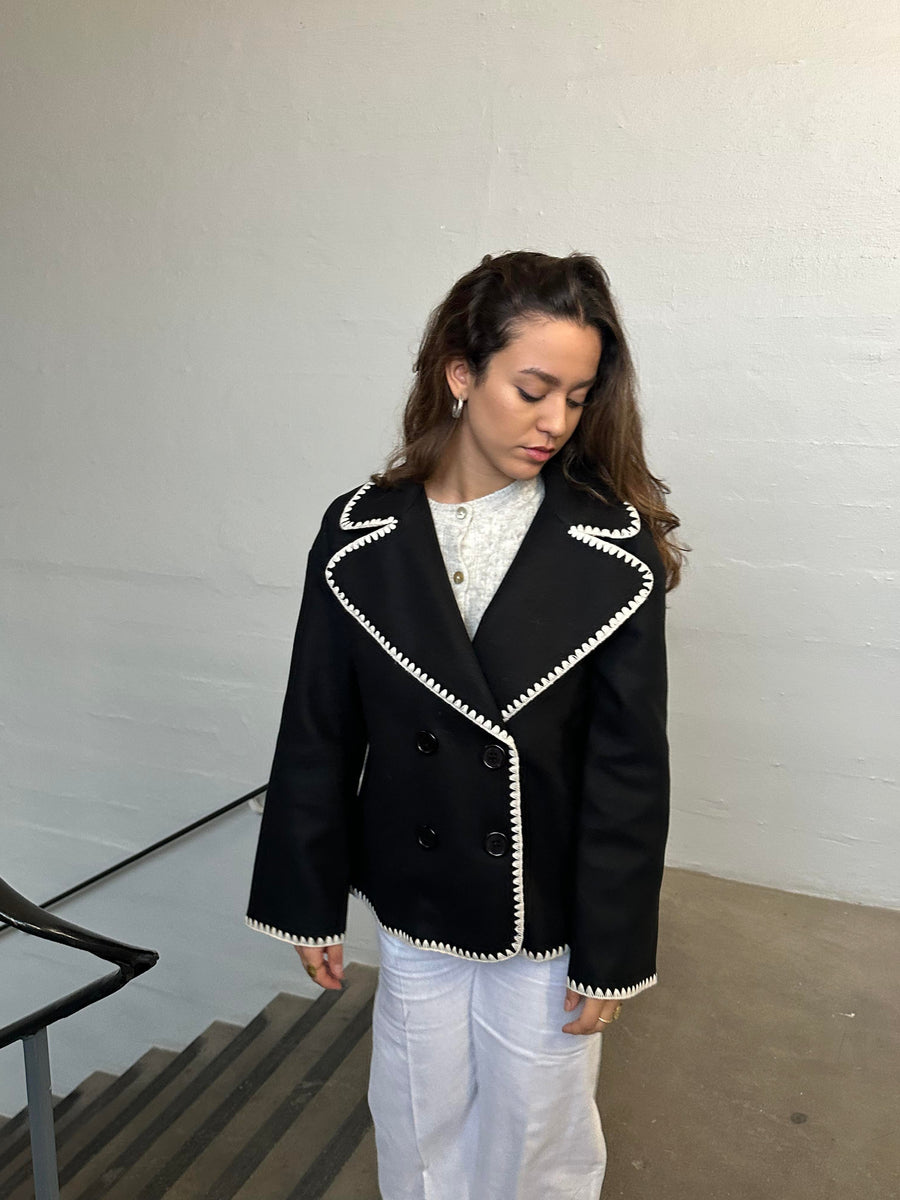 Black Contrast-Trim Peacoat