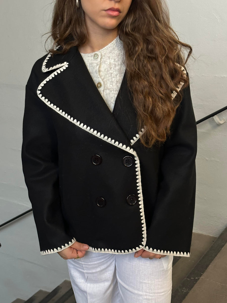 Black Contrast-Trim Peacoat