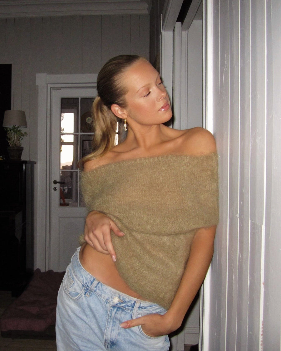 Mocha Off-Shoulder Fuzzy Knit