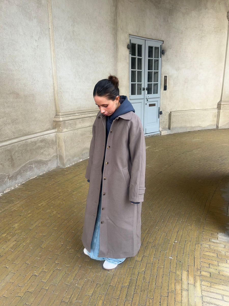 Longline Button-Up Wool Coat - Taupe