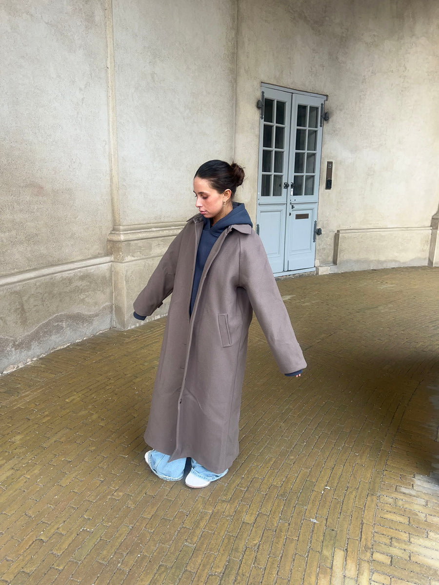 Longline Button-Up Wool Coat - Taupe