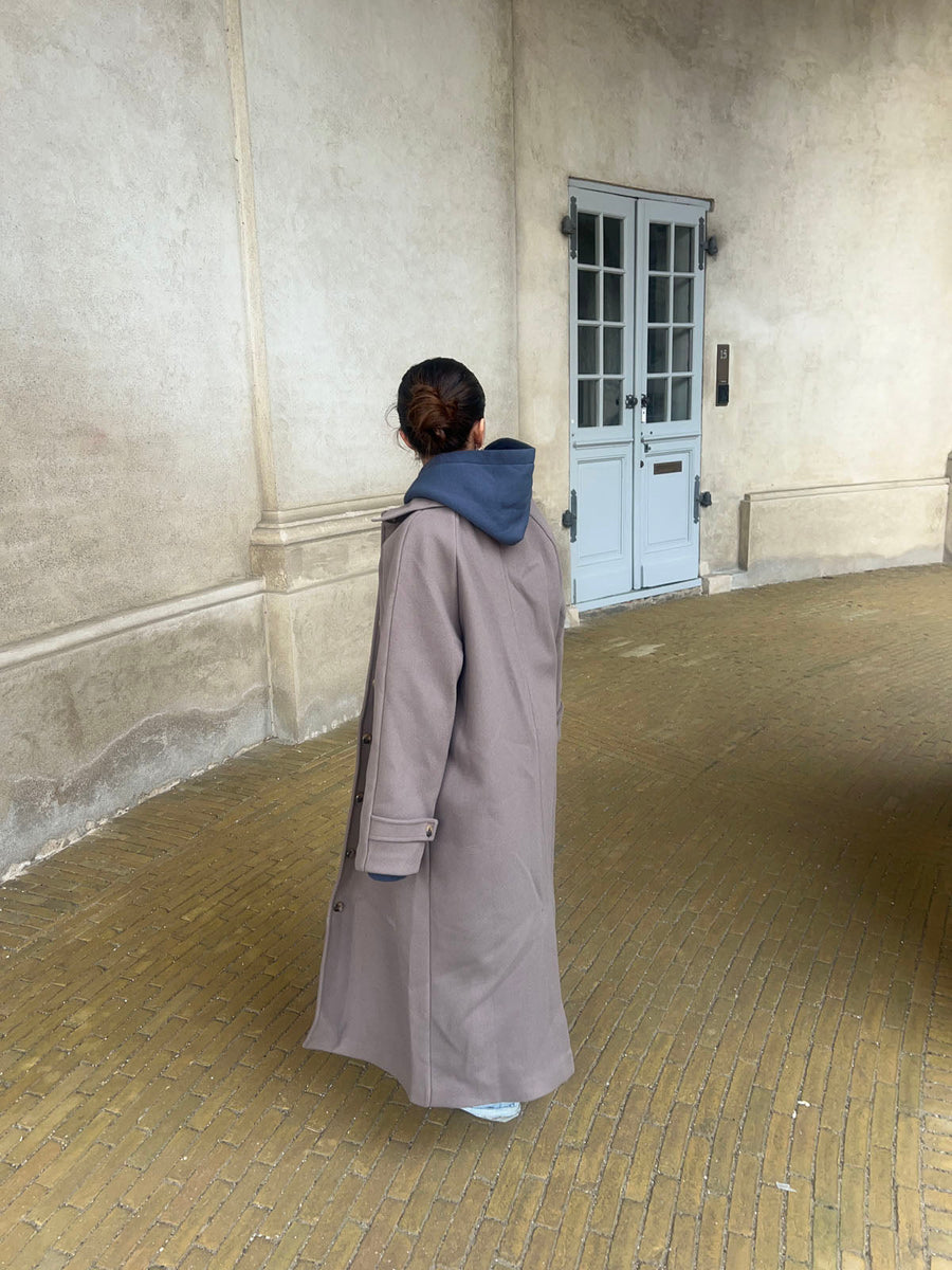 Longline Button-Up Wool Coat - Taupe