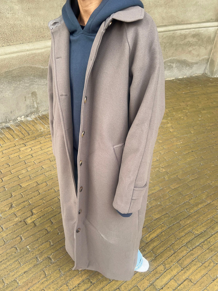 Longline Button-Up Wool Coat - Taupe