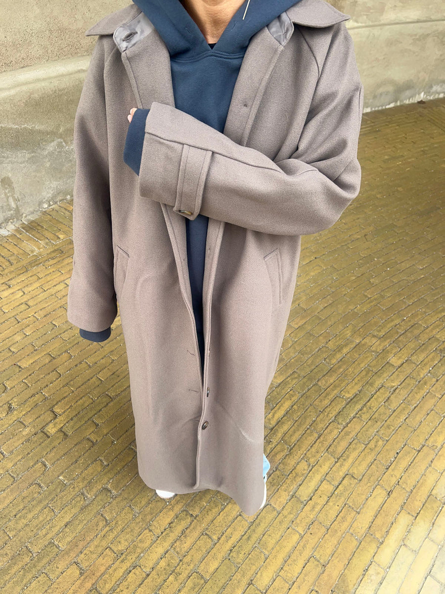 Longline Button-Up Wool Coat - Taupe