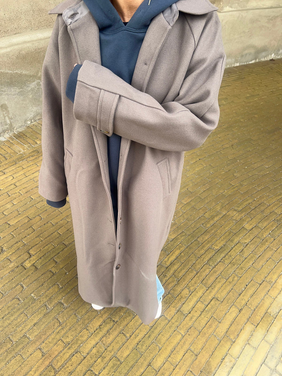 Longline Button-Up Wool Coat - Taupe