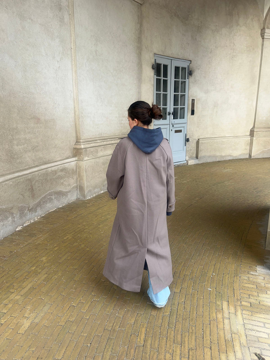 Longline Button-Up Wool Coat - Taupe