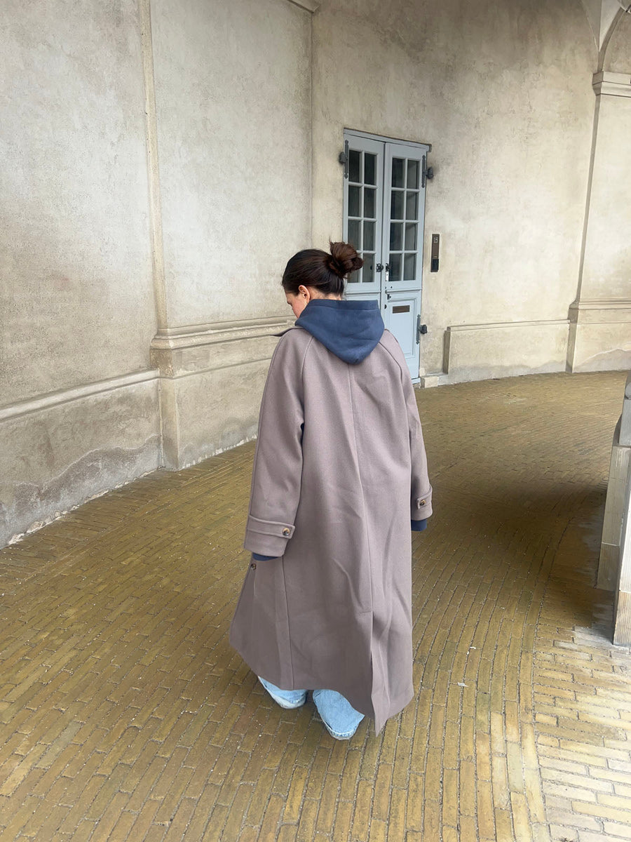 Longline Button-Up Wool Coat - Taupe