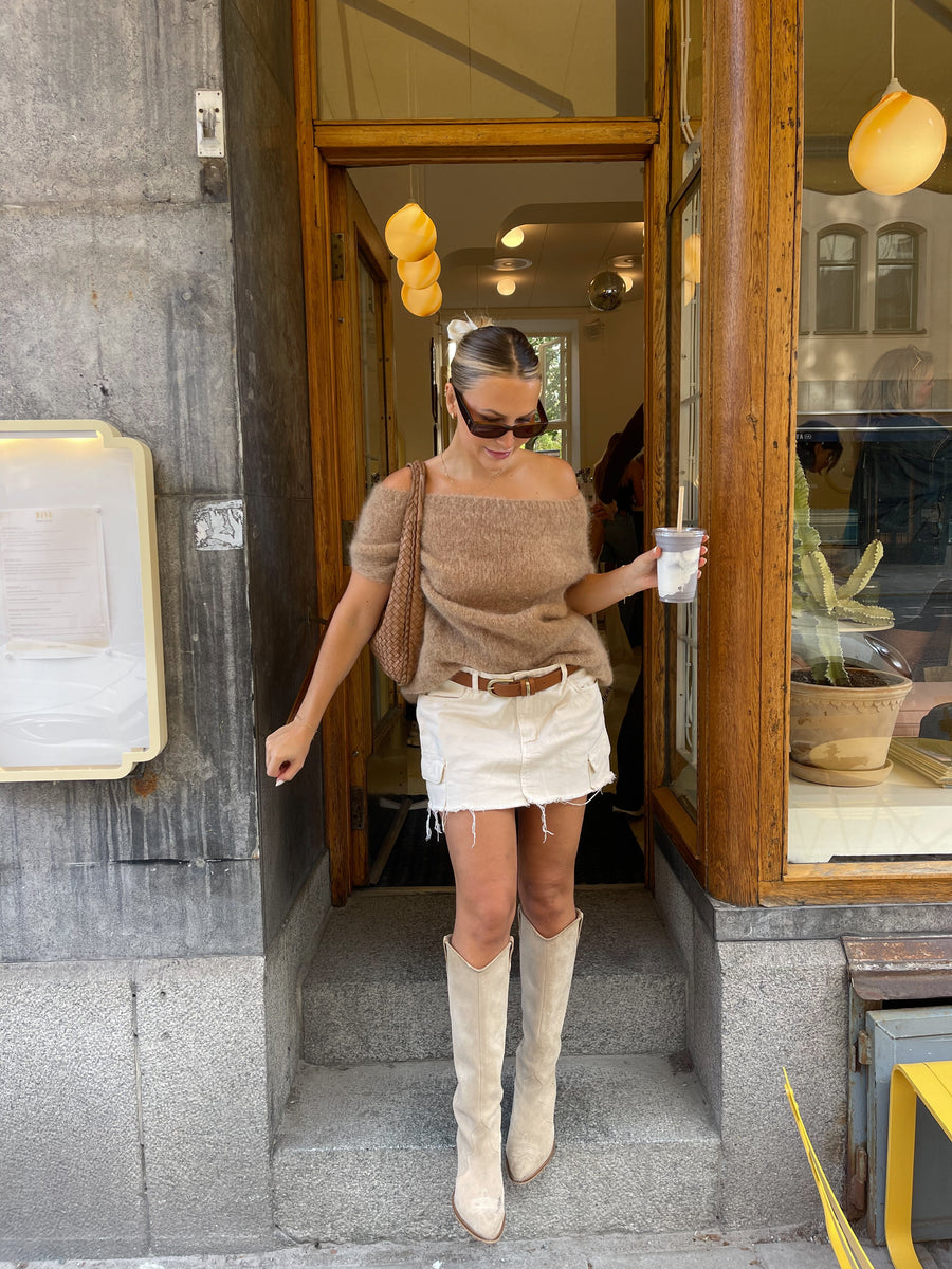 Mocha Off-Shoulder Fuzzy Knit
