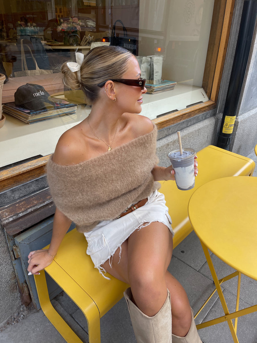 Mocha Off-Shoulder Fuzzy Knit