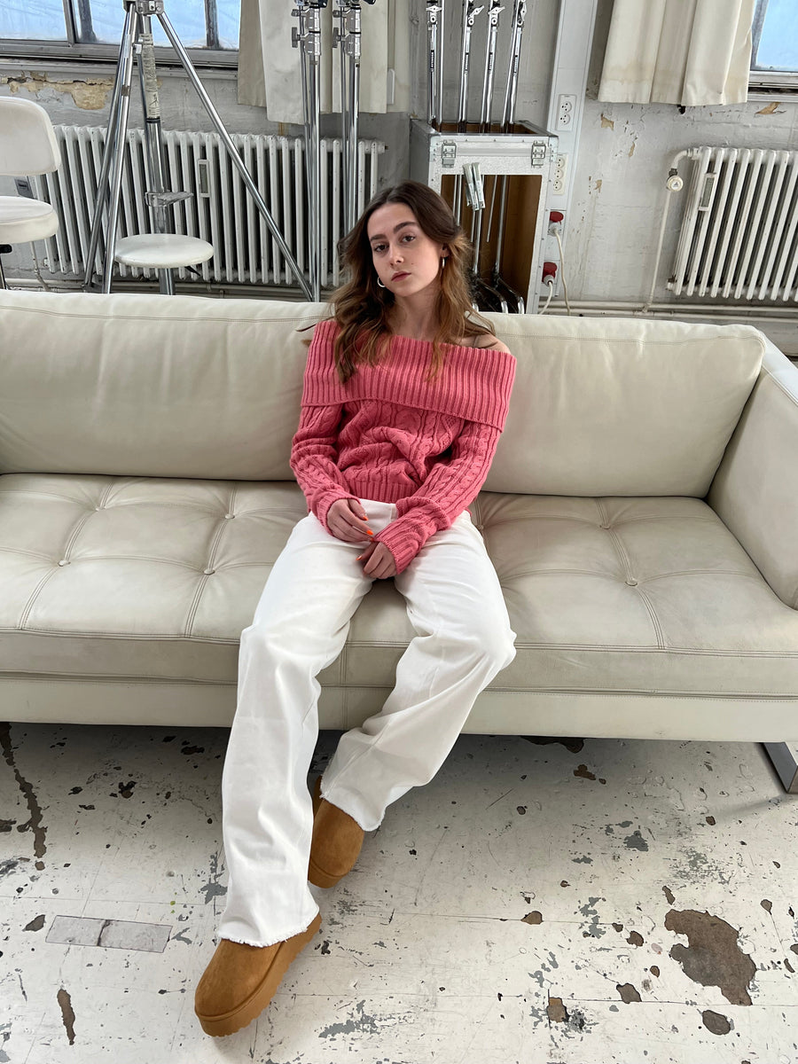 Off-Shoulder Cable Knit Sweater - Pink