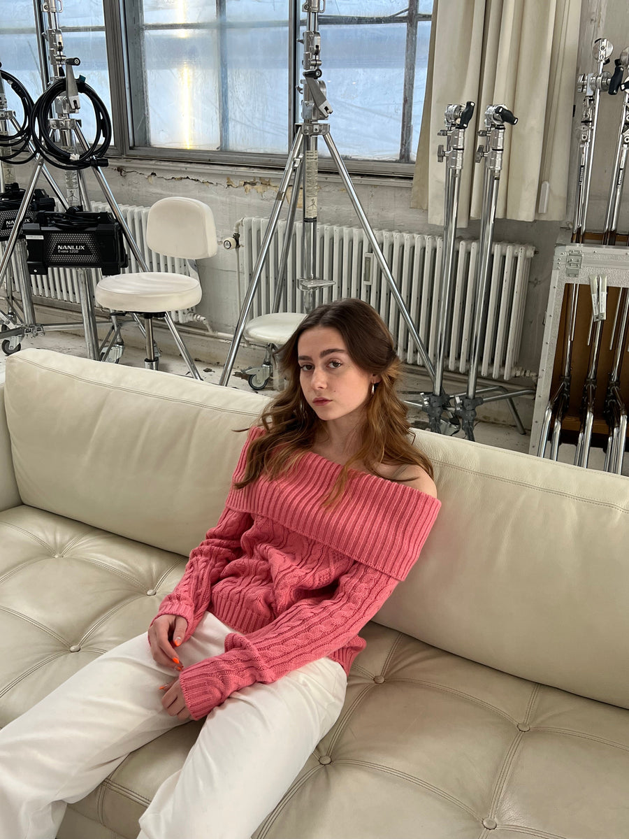 Off-Shoulder Cable Knit Sweater - Pink