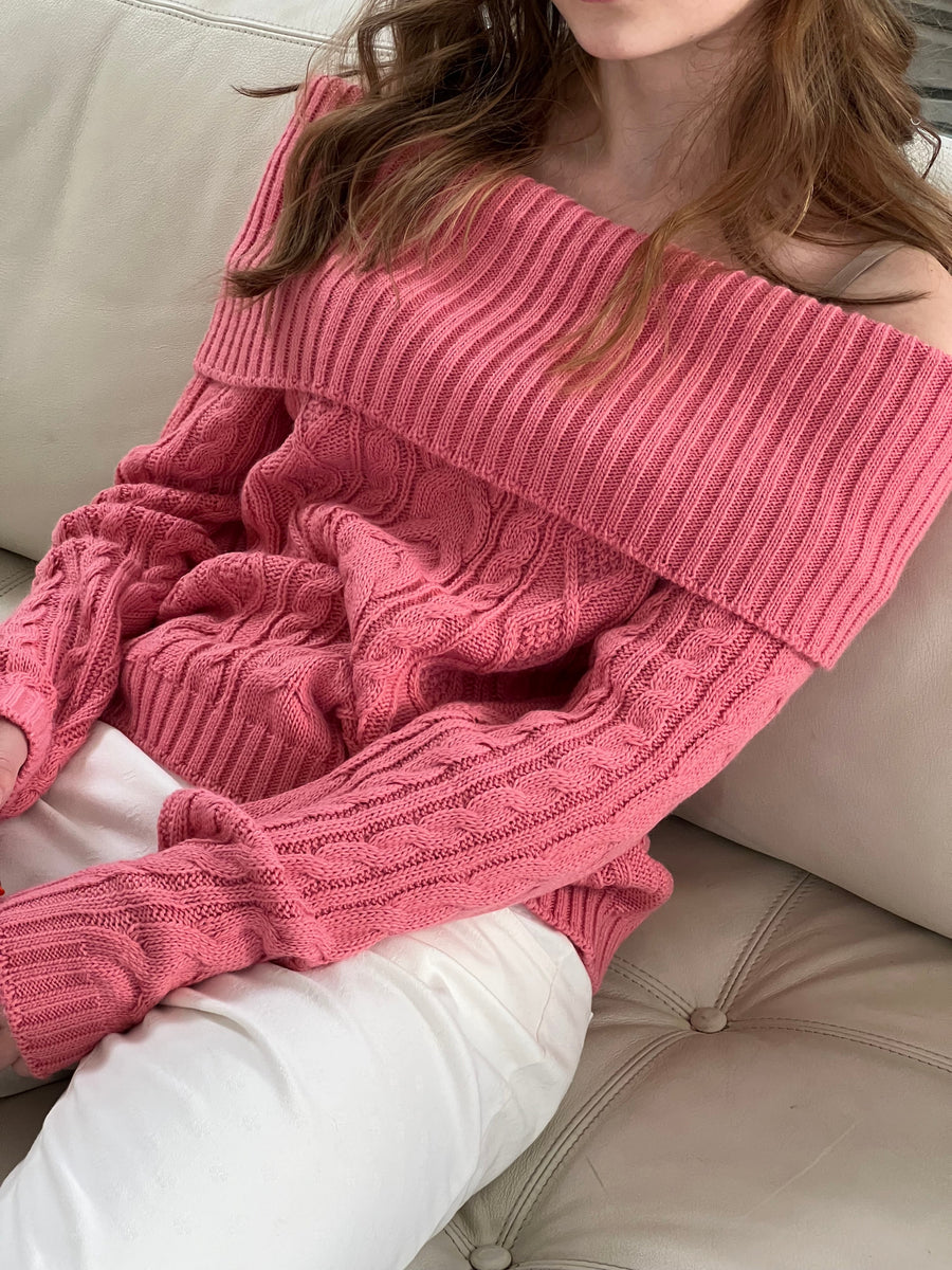 Off-Shoulder Cable Knit Sweater - Pink