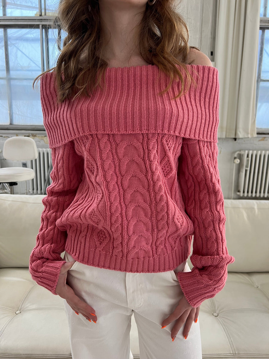 Off-Shoulder Cable Knit Sweater - Pink