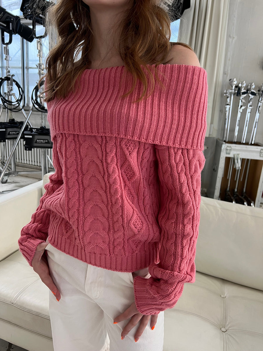 Off-Shoulder Cable Knit Sweater - Pink