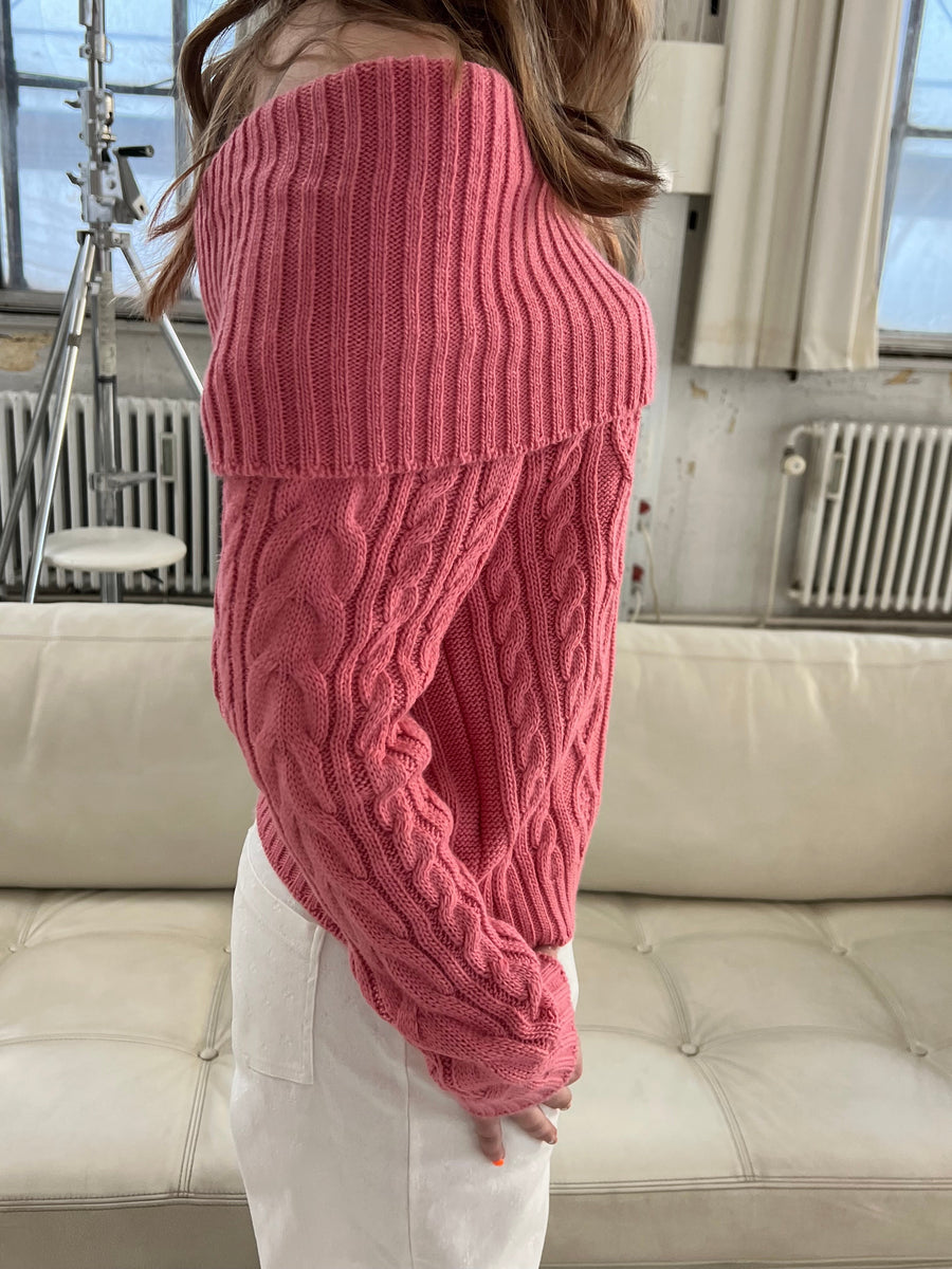 Off-Shoulder Cable Knit Sweater - Pink