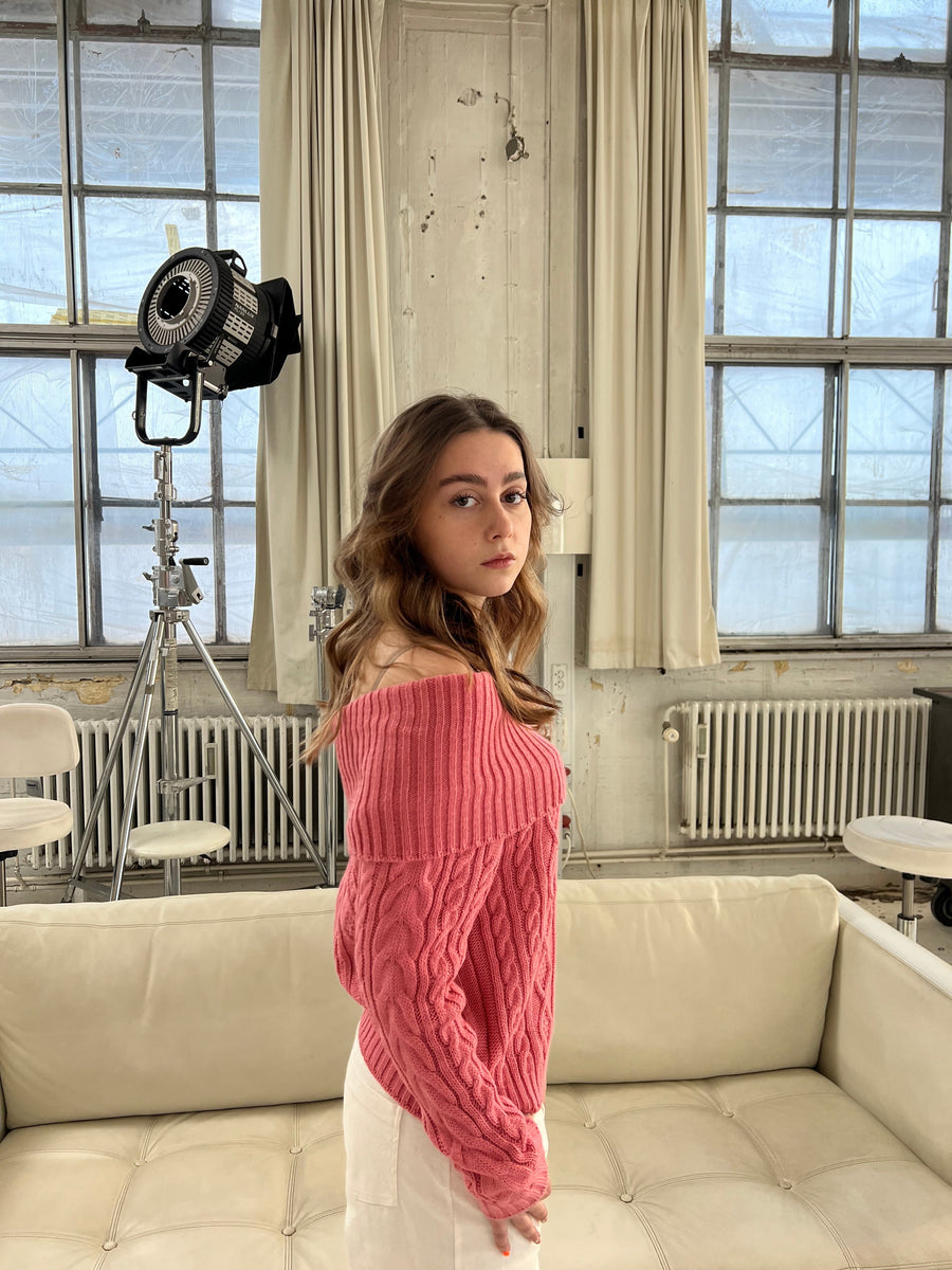 Off-Shoulder Cable Knit Sweater - Pink