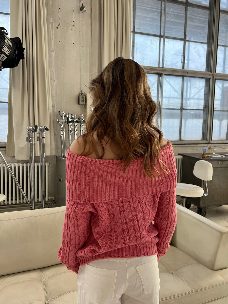 Off-Shoulder Cable Knit Sweater - Pink