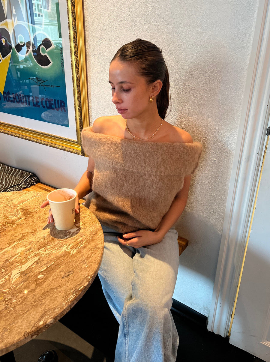Mocha Off-Shoulder Fuzzy Knit