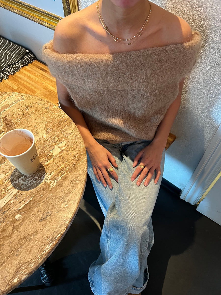 Mocha Off-Shoulder Fuzzy Knit