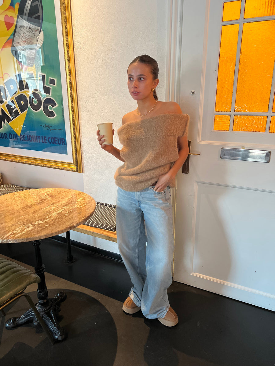 Mocha Off-Shoulder Fuzzy Knit
