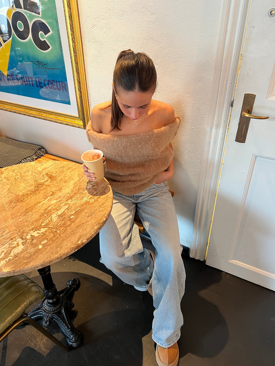 Mocha Off-Shoulder Fuzzy Knit