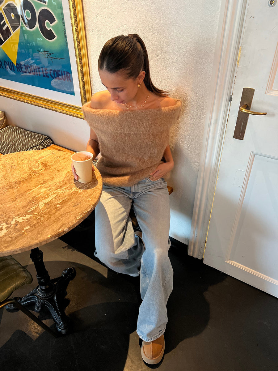 Mocha Off-Shoulder Fuzzy Knit