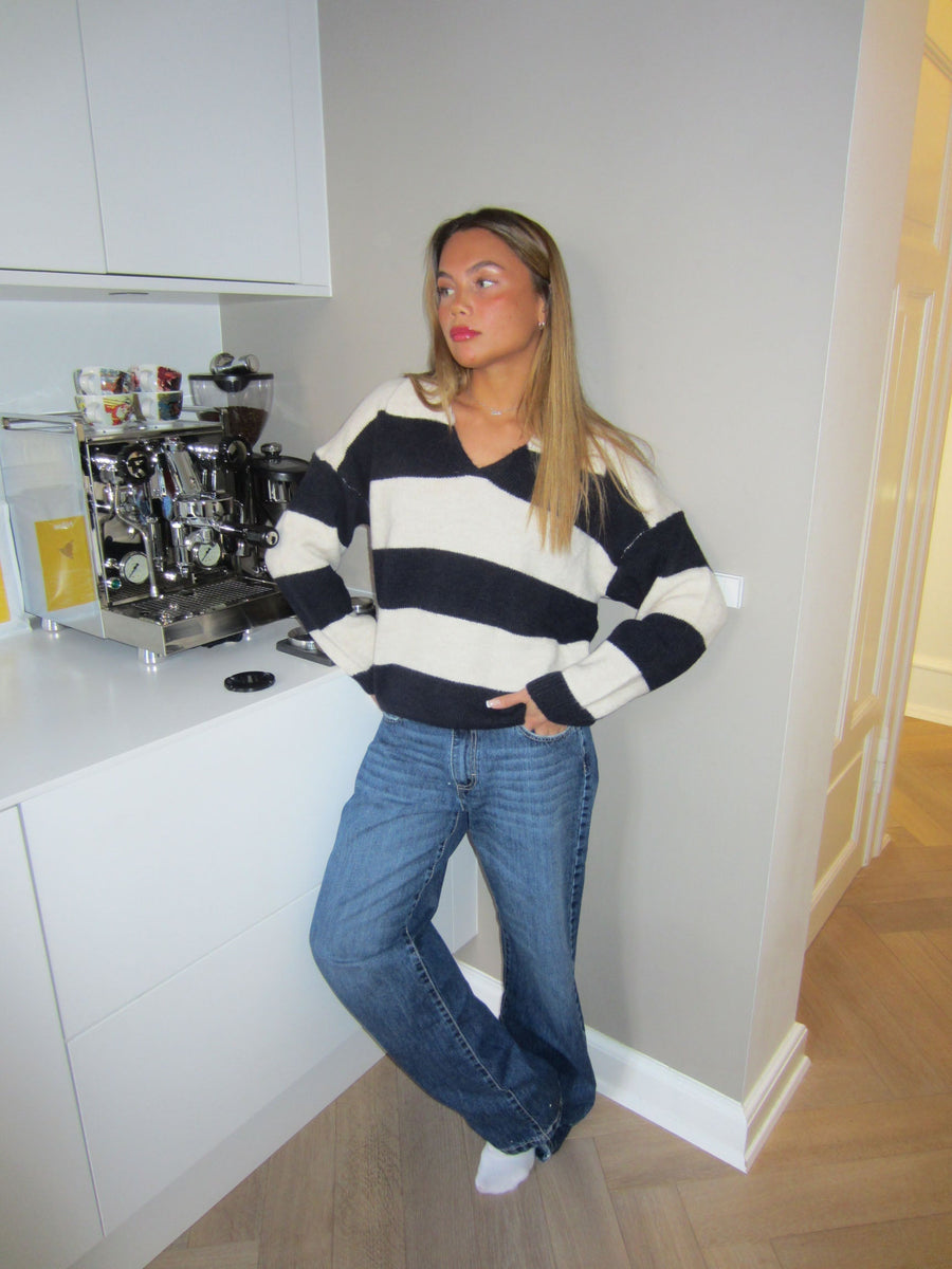Striped V-Neck Knit Sweater