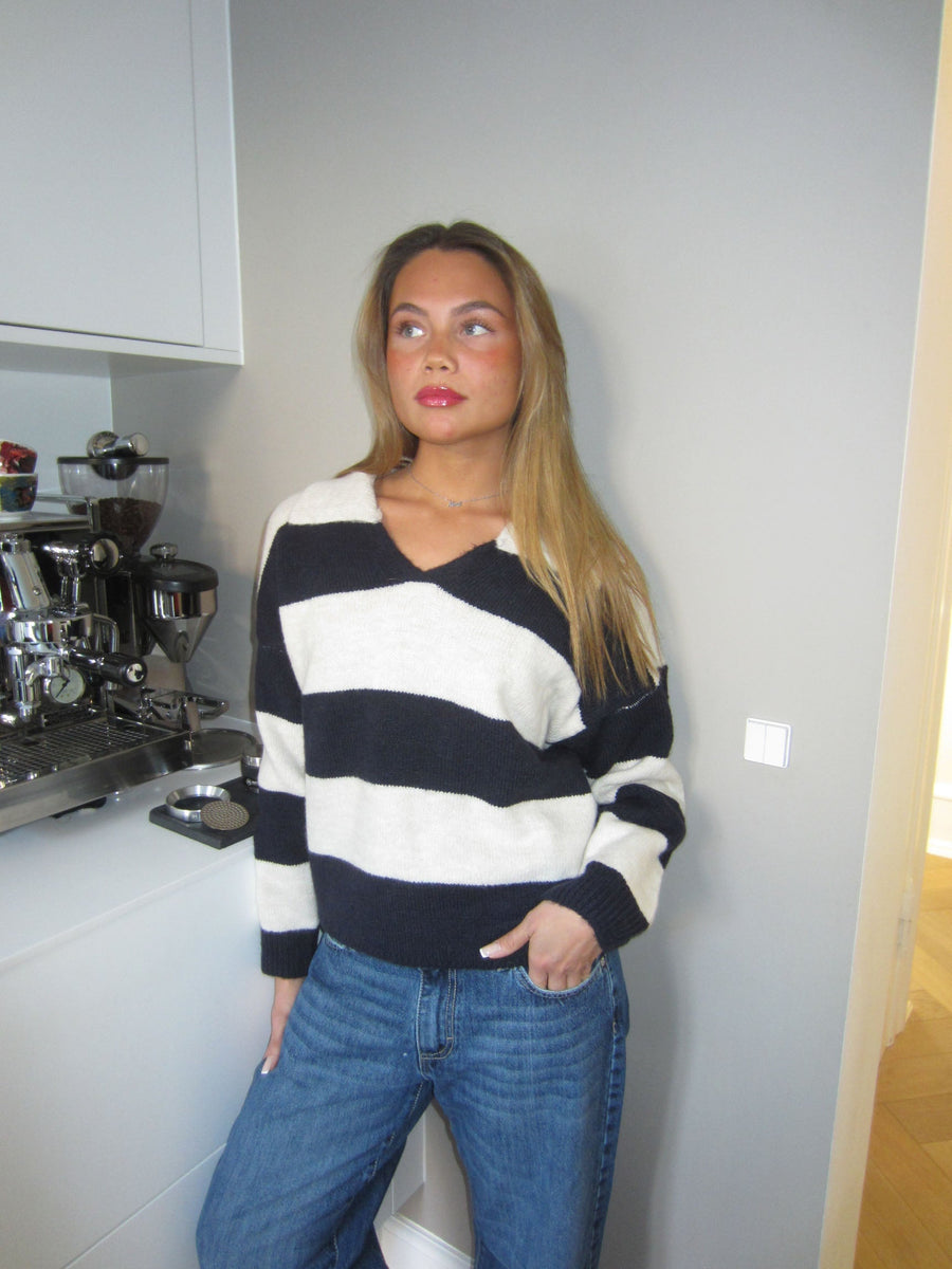 Striped V-Neck Knit Sweater