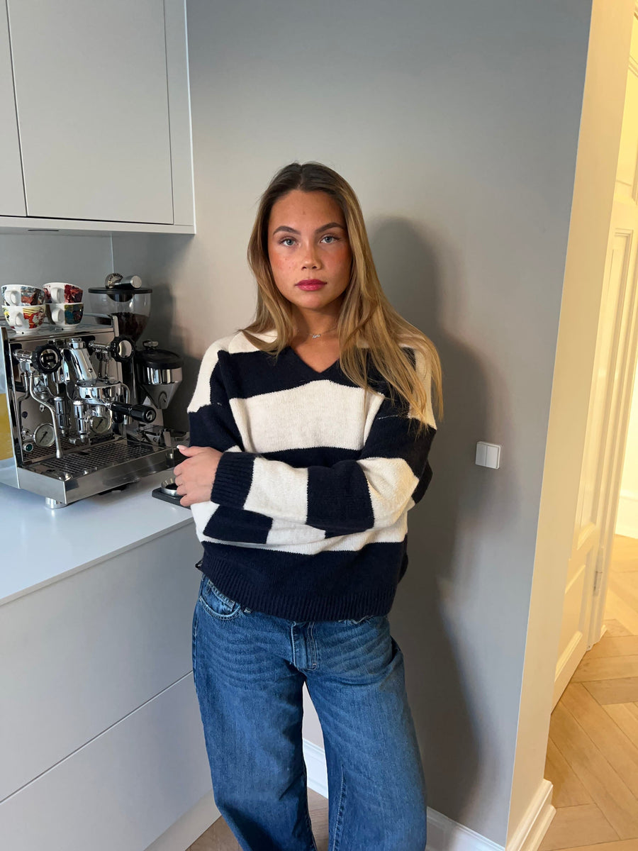 Striped V-Neck Knit Sweater