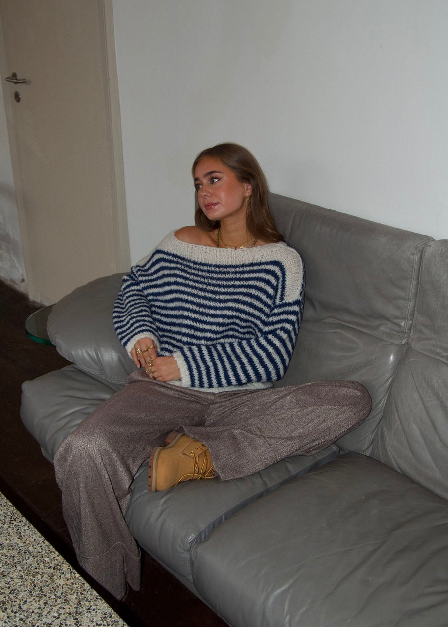 Off-Shoulder Striped Knit Sweater - White/navy