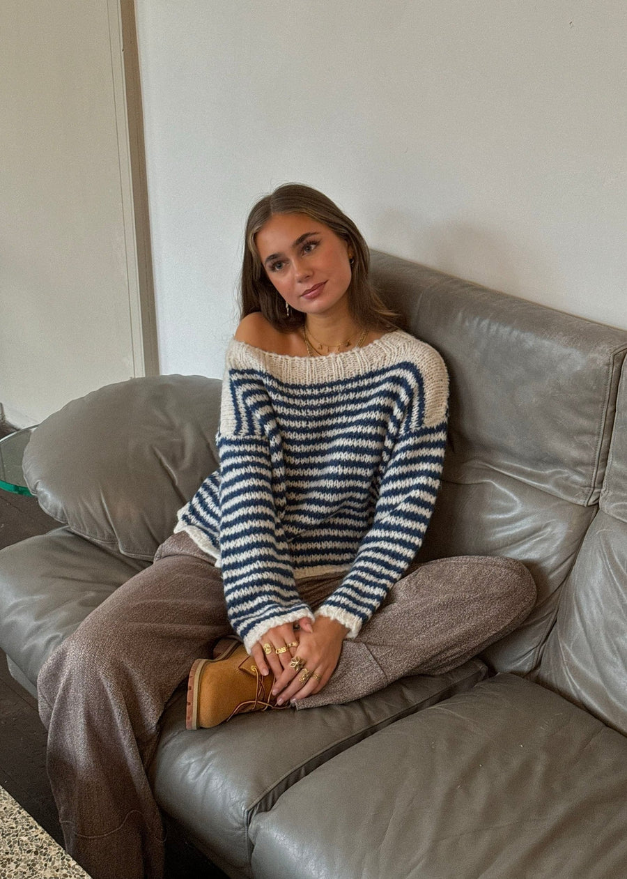 Off-Shoulder Striped Knit Sweater - White/navy