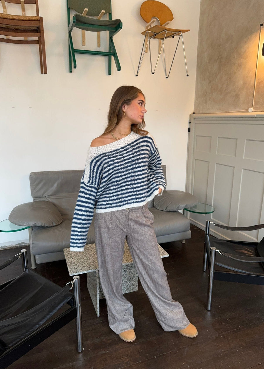 Off-Shoulder Striped Knit Sweater - White/navy