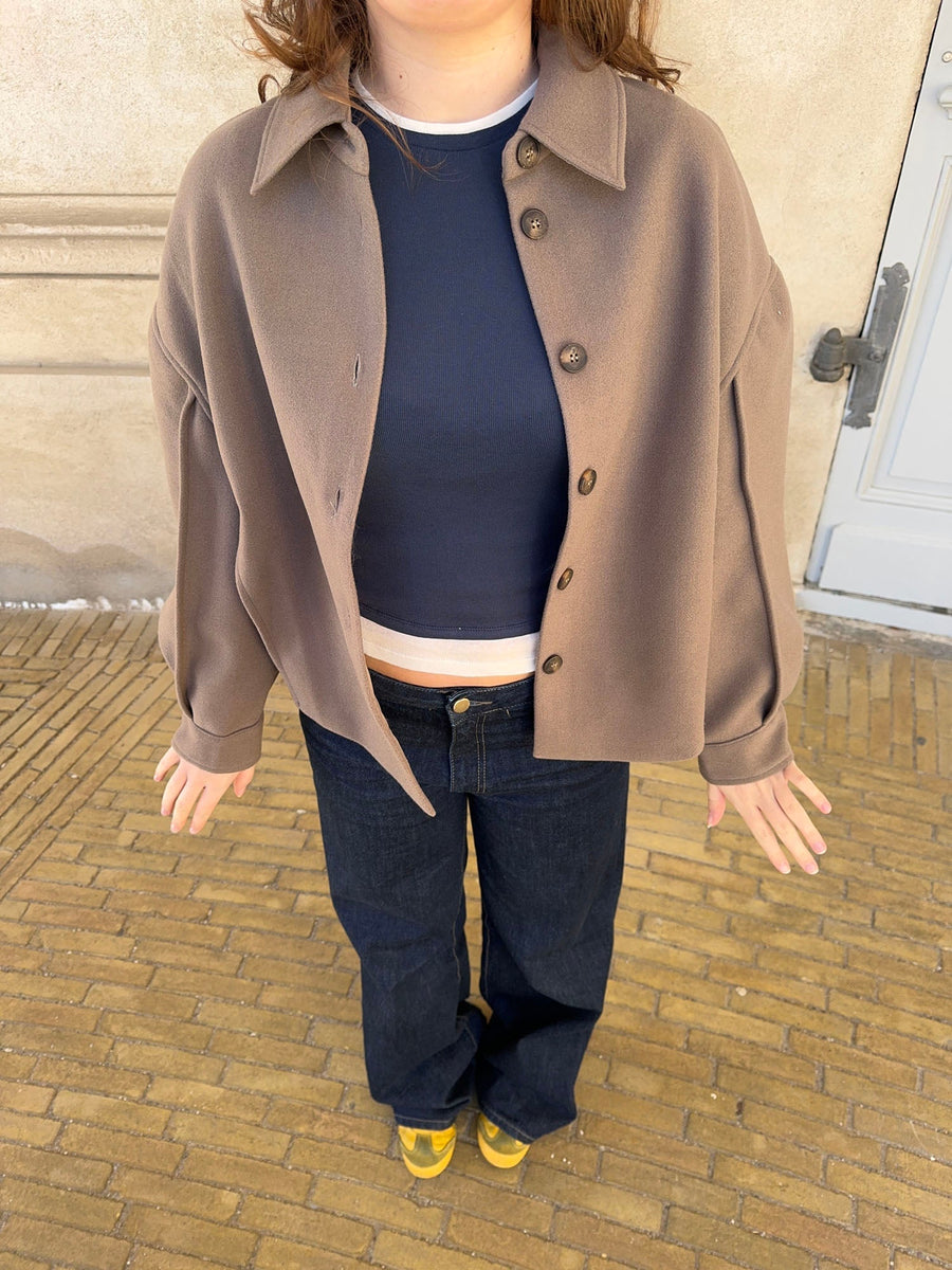 Minimalist Cropped Button-Up Jacket- Taupe
